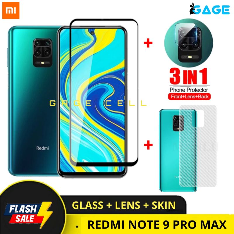 PROMO 3IN1 TEMPERED GLASS LAYAR KAMERA SKIN CARBON REDMI NOTE 9 PRO MAX TG ANTI GORES DEPAN BELAKANG