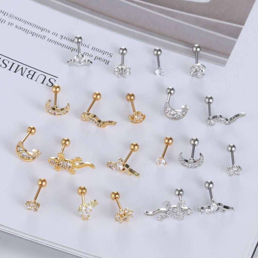 R-FLOWER 1PC Cartilage Ear Stud Jewelry Helix Piercing Gecko Lizard Moon Star Flower Ear Studs