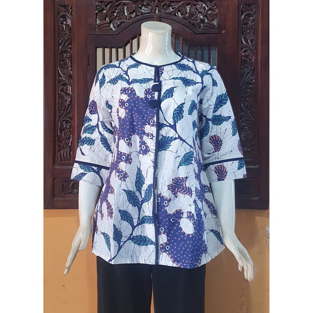 NEW Atasan Blouse Batik MOSA Blus Wanita Lengan Pendek 3/4 Kancing Depan. Motif Batik Pekalongan -250-Daun 1 Biru