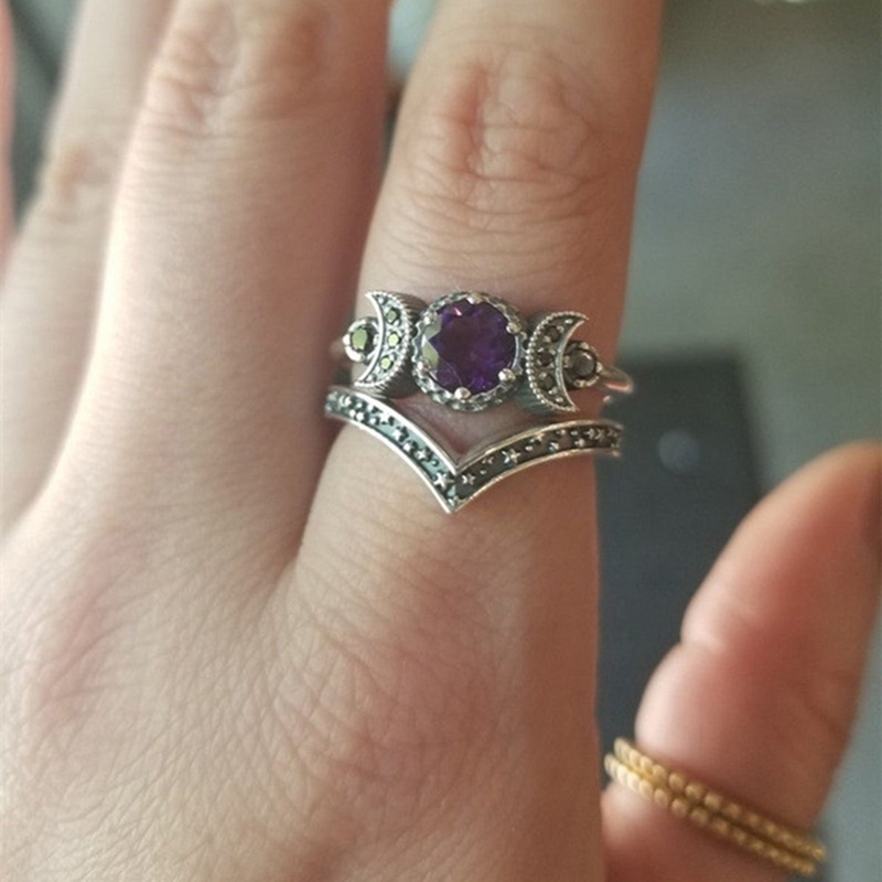 Cincin Wanita Desain Bulan Sabit Hias Batu Kecubung Merah + Zirconia Untuk Pertunangan / Pernikahan / Hadiah