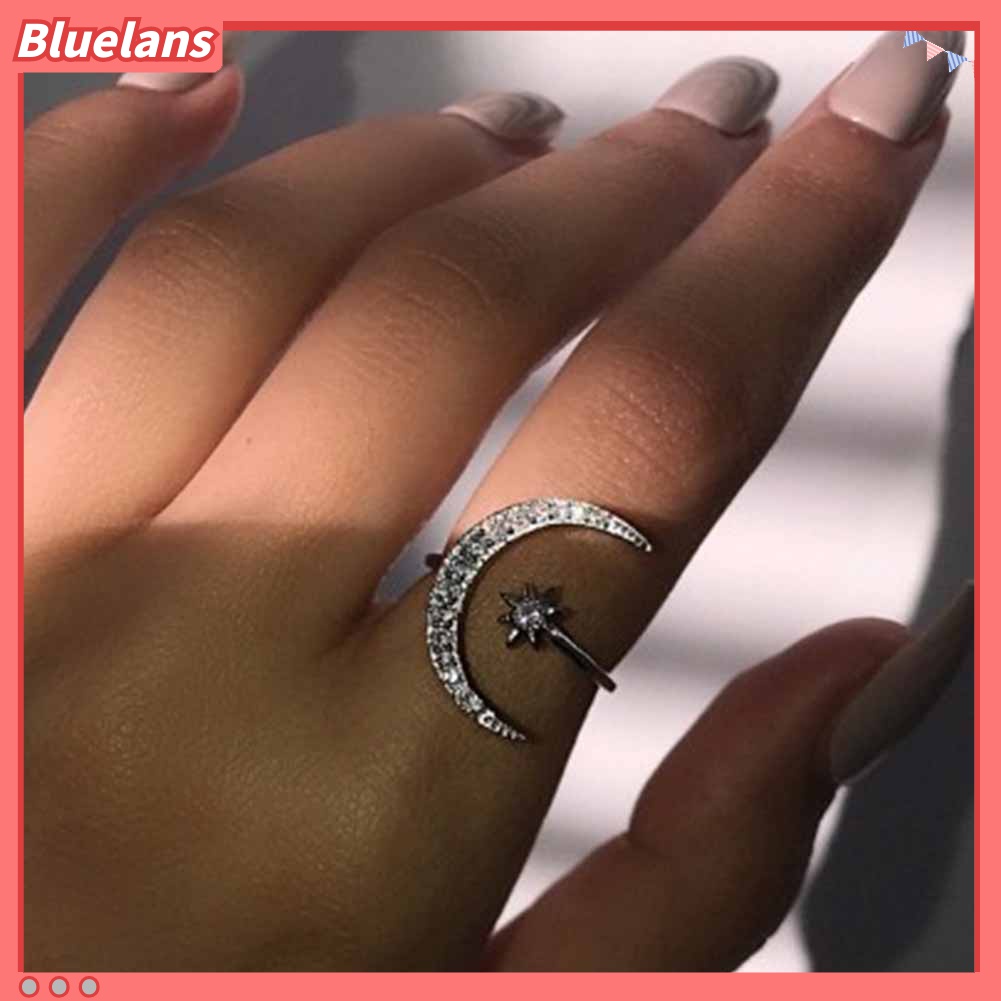 Cincin Model Terbuka Desain Bulan Bintang Aksen Berlian Imitasi Untuk Wanita