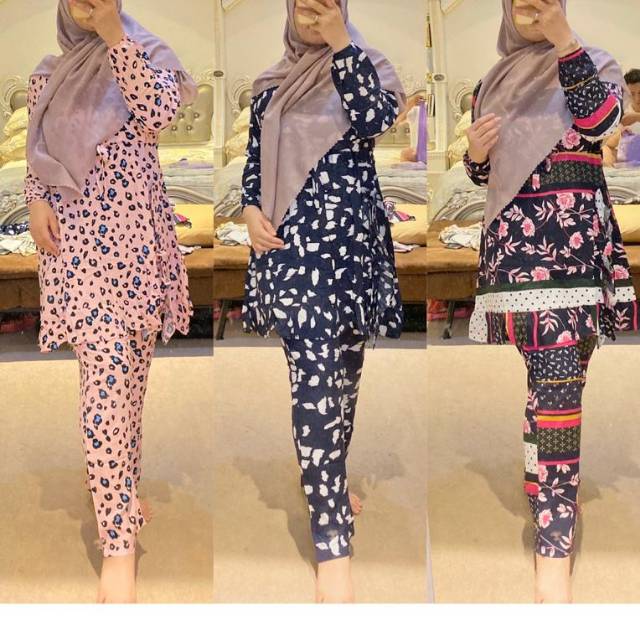 One set Piyama Tali Serut Busui Ruffle/Rempel/Rampel Lengan Panjang