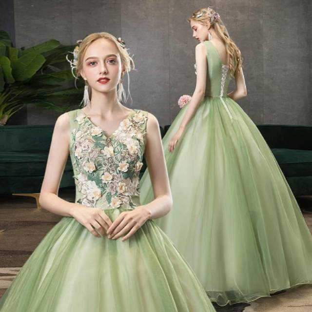 Gaun Pengantin Hijau Elegant Slim Fit Bordir Renda  sage  denga  ballgown wedding dress