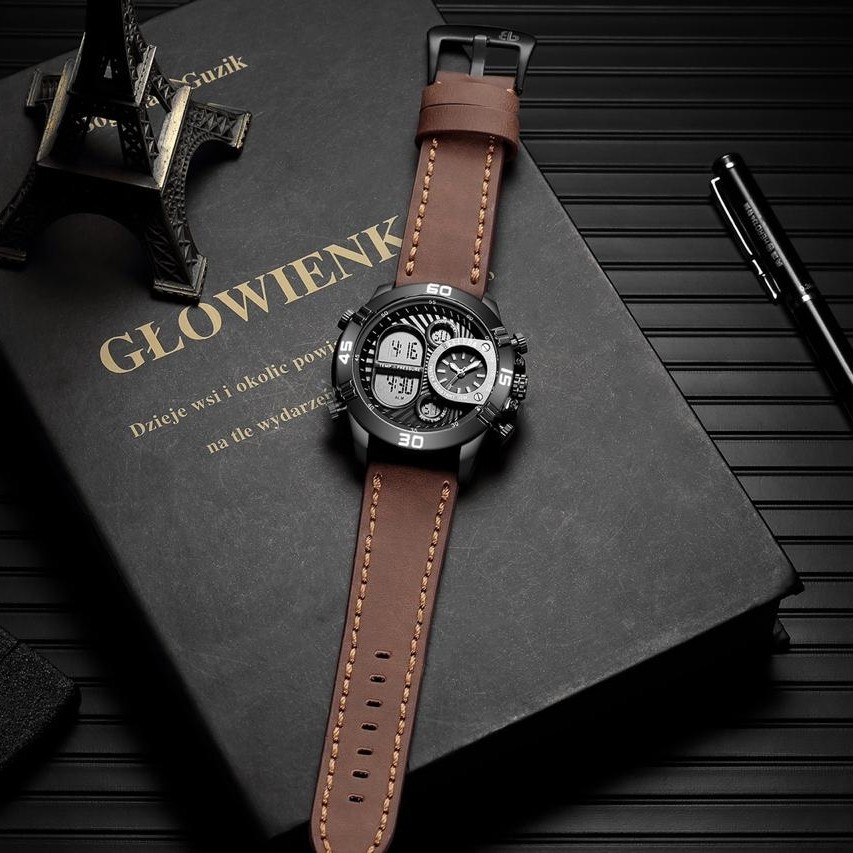 Jam Tangan Pria Tali Kulit Belleda B9271 Double Time - Coklat Muda, 4,8cm