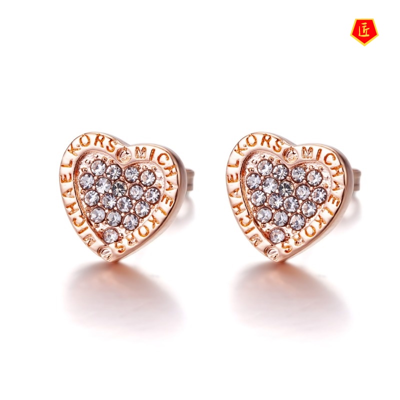 [Ready Stock]New Full Diamond Heart-Shaped Earrings 18K Rose Gold