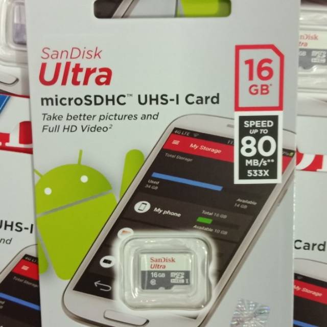 MEMORY CARD SANDISK ULTRA 16GB 80mb/microSD CLASS 10 KARTU MOMORY