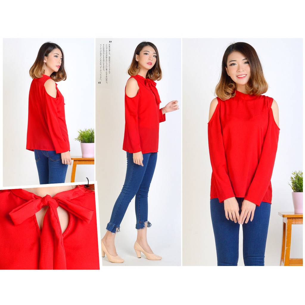 [Blouse Selina SW] blouse wanita wolly crepe broken white dan merah