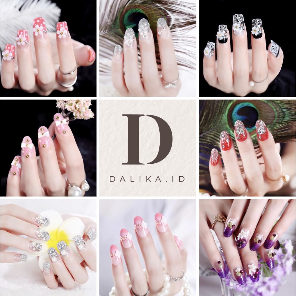 Set Kuku Palsu 24 Pcs Wedding Pengantin dan Lem Fake Nail Art DIY Kuku Palsu Tahan air Dalika