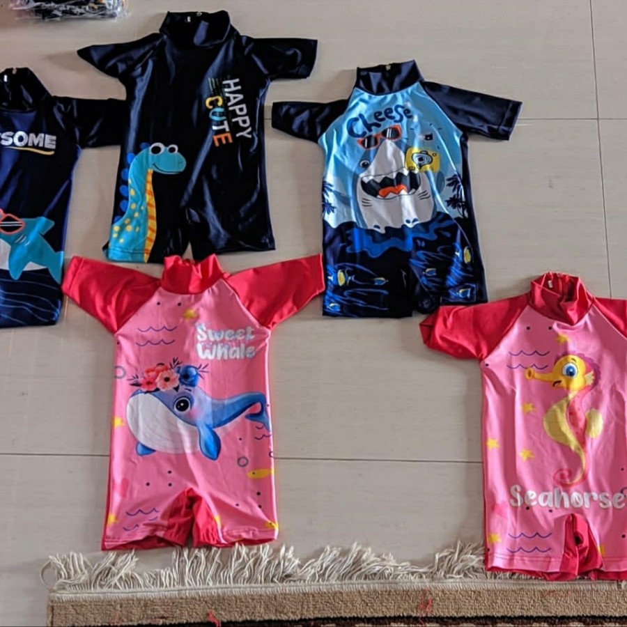 Baju Renang Bayi 1-2 th Diving SHARK DINO PAUS SEA HORSES SAPI MOO PENGUIN PLAMINGO UNICORN polos