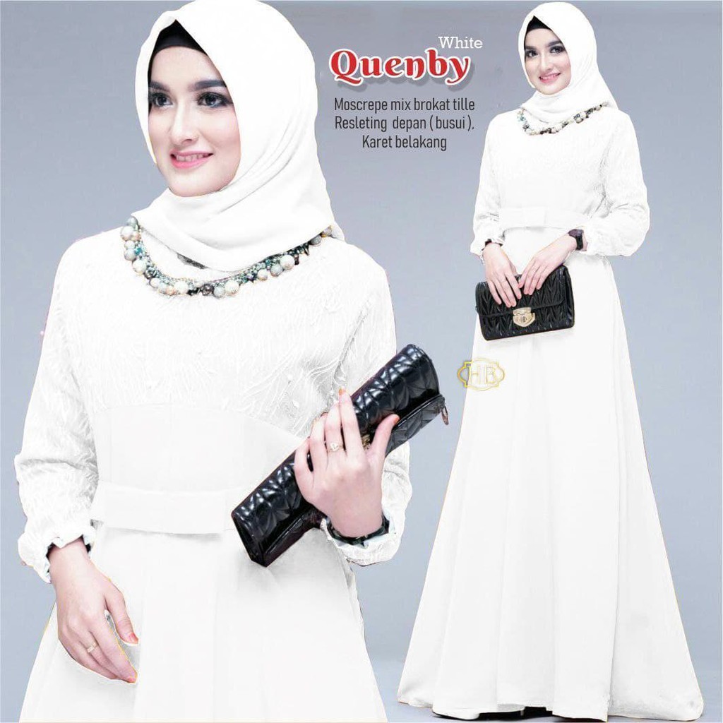 Gamis Pesta Jumbo LD 120 Quenby Ori Shofiya Gamis Brukat Prita Syar'i asdf Muslim Wanita Terbaru-white