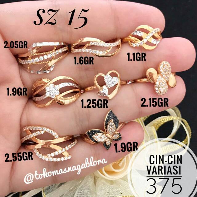 cincin variasi hati kupu bunga putih hitam mata emas 375