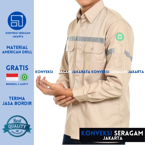 Baju Kemeja Safety K3 Lengan Panjang - Seragam Kerja Atasan Wearpack Werpack Werpak Proyek Tambang Warna Cream Pria Wanita - Konveksi Seragam Jakarta