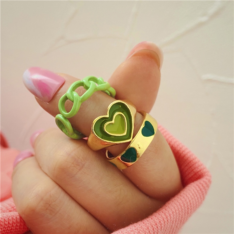 5Pcs/set Retro Rings Set Oil Dripping Heart Resin Beads Ring Women Ins Fashion Geometry Jewelry Accessories