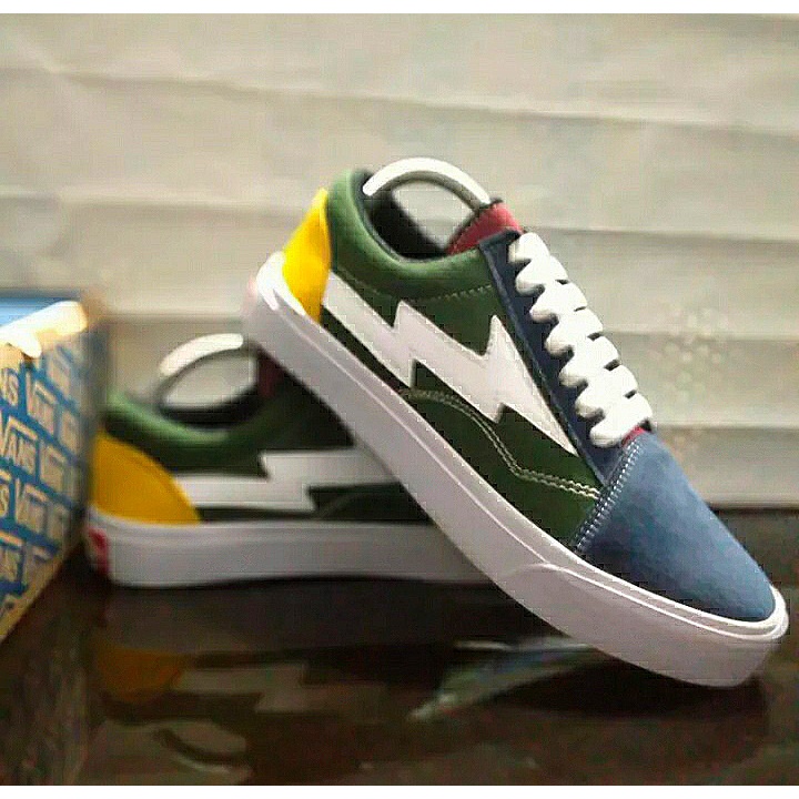 SPESIAL EDITION SEPATU VANS REVENGE X STORM CUSTOM COLOR NAVY GREEN YELLOW LOGO FLASH/PETIR LEATHER CANVAS ORIGINAL