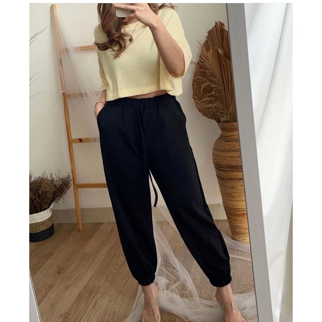 Celana Panjang Jogger Basic Crepe Pants Pinggang Full Karet Melingkar Allsize Saku Kantong Joger pen Wanita Kekinian Terbaru Ada Tali pengatur