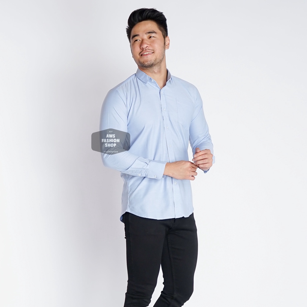 Kemeja Pria Lengan Panjang Polos Biru Muda Oxford Slimfit Casual Ada Ukuran Jumbo