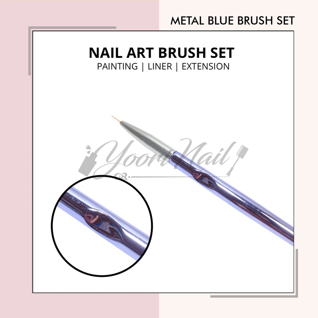 Metal blue brush set 6 pcs kuas nail art liner oval gel brush nailart kuku