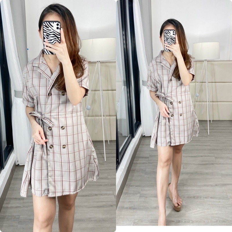 dress korea / dress fashion wanita /dress casual / midle dress / dress motif kotak K0565