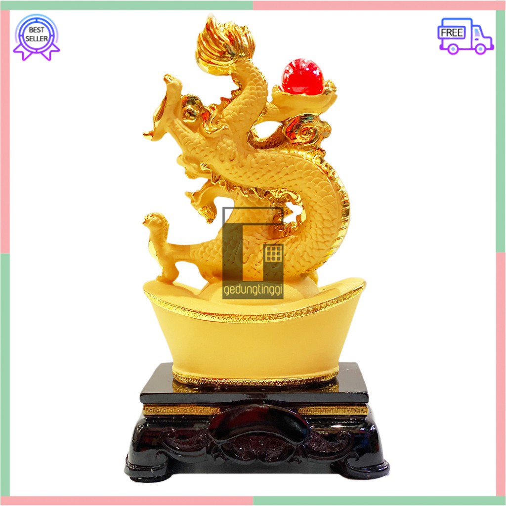 Pajangan Patung Hiasan Imlek Rejeki 12 Shio Naga Yenpao Fengshui Lucky Uang Emas Gold Besar XL Resin