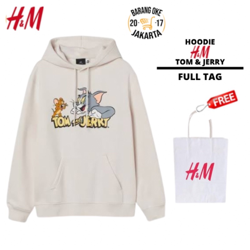 COD 9.9 Hoodie Jaket Pria Wanita H&amp;M Tom and Jerry Cream Sweater Cowok Cewek Full Tag