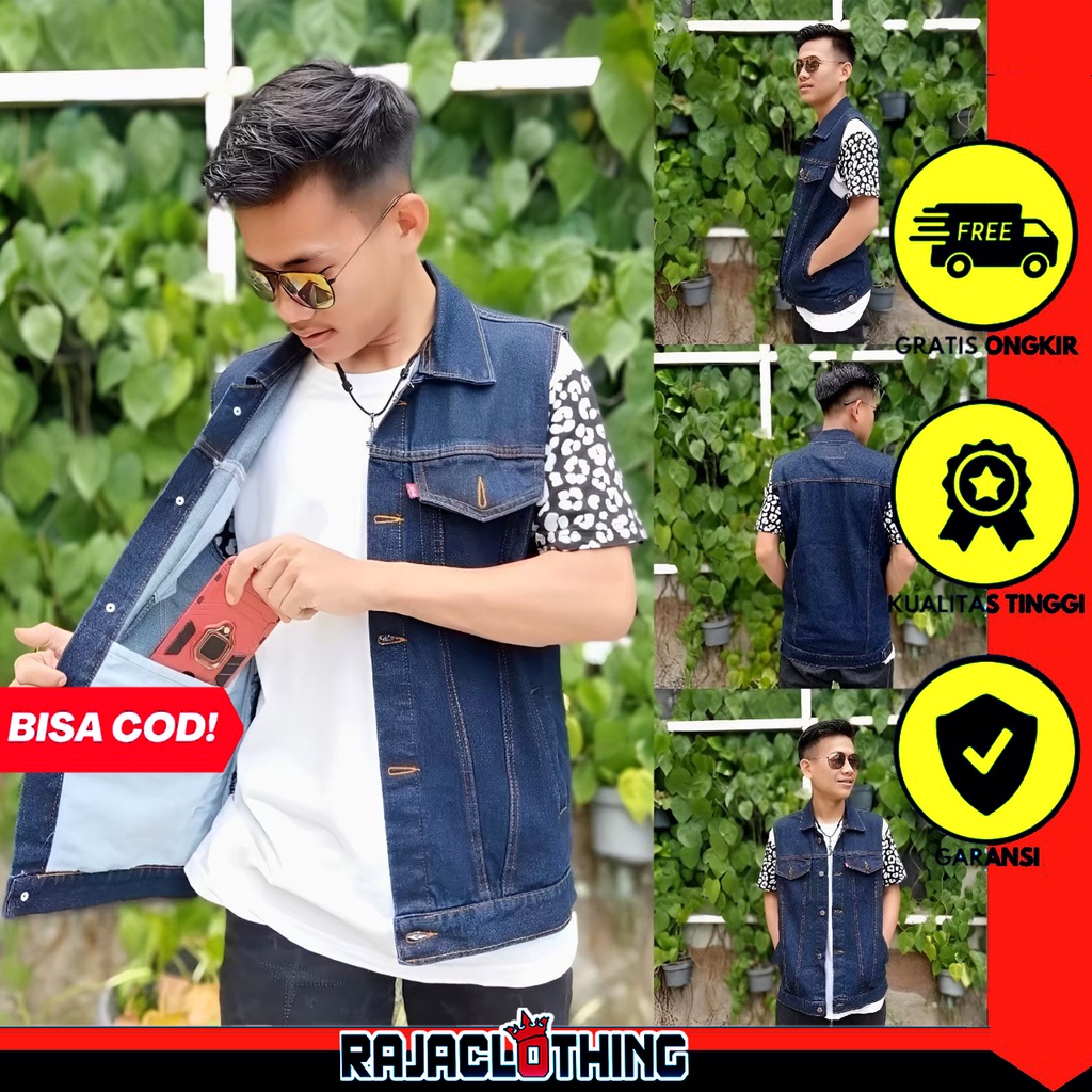 RCL - Rompi Jeans Pria - Rompi Jeans Murah - Rompi Cowok Blue Black Biru Dongker (Unisex/Pria-Wanita) M, L, XL, 2XL, 3XL, 4XL / Rompi Jeans Black Denim Pria Jumbo Big Size Garmen Polos Cowok Metal Oversize Premium Quality