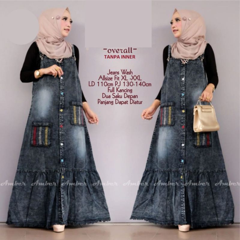 Aizka Overall Jeans Cewek Fit XL-XXL LD 110 Baju Kodok Rok Panjang Wanita Dewasa Denim Rawis