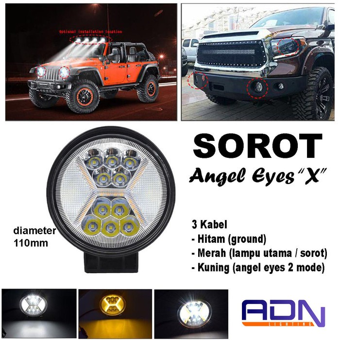 LAMPU SOROT Tembak Foglamp Bulat Type X + Angel eyes 3 kabel ADN