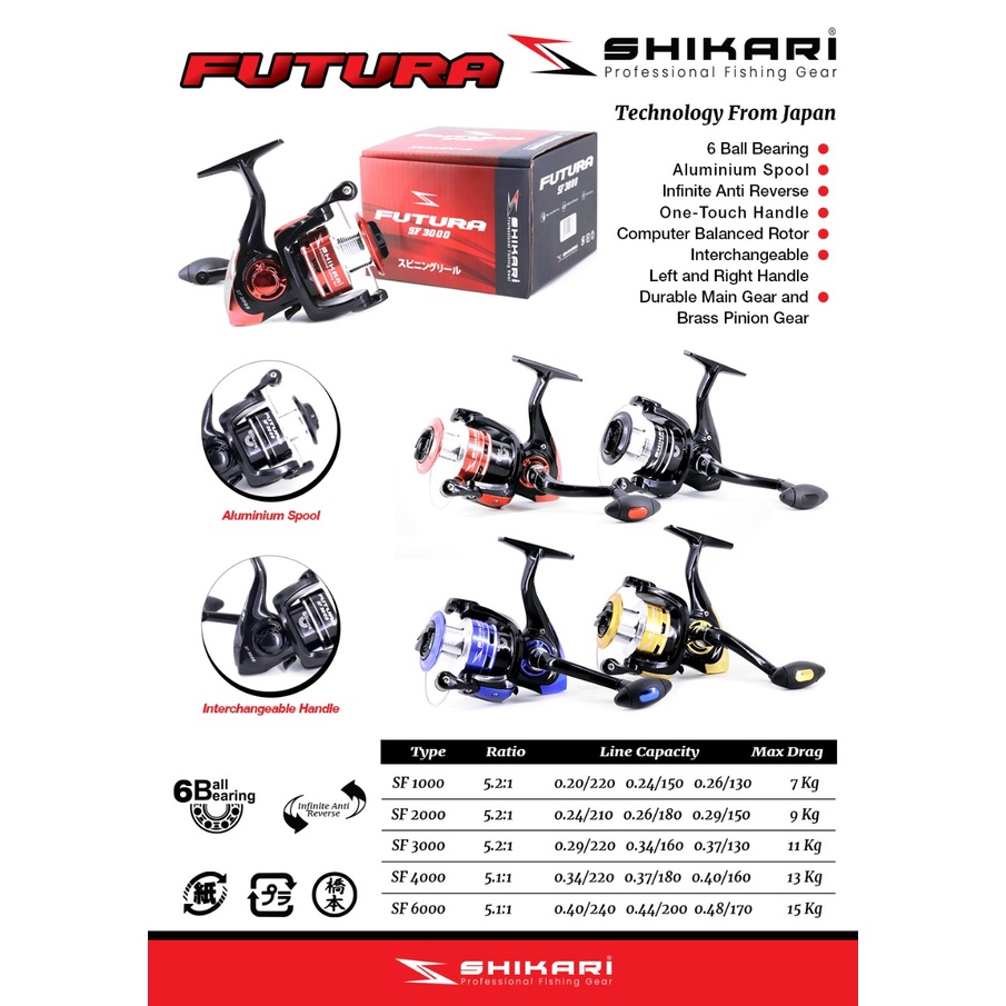 Reel Pancing Shikari Futura Spin SF 1000 - 6000 (6 Bearing) Murah Berkualitas - Engkus Fishing