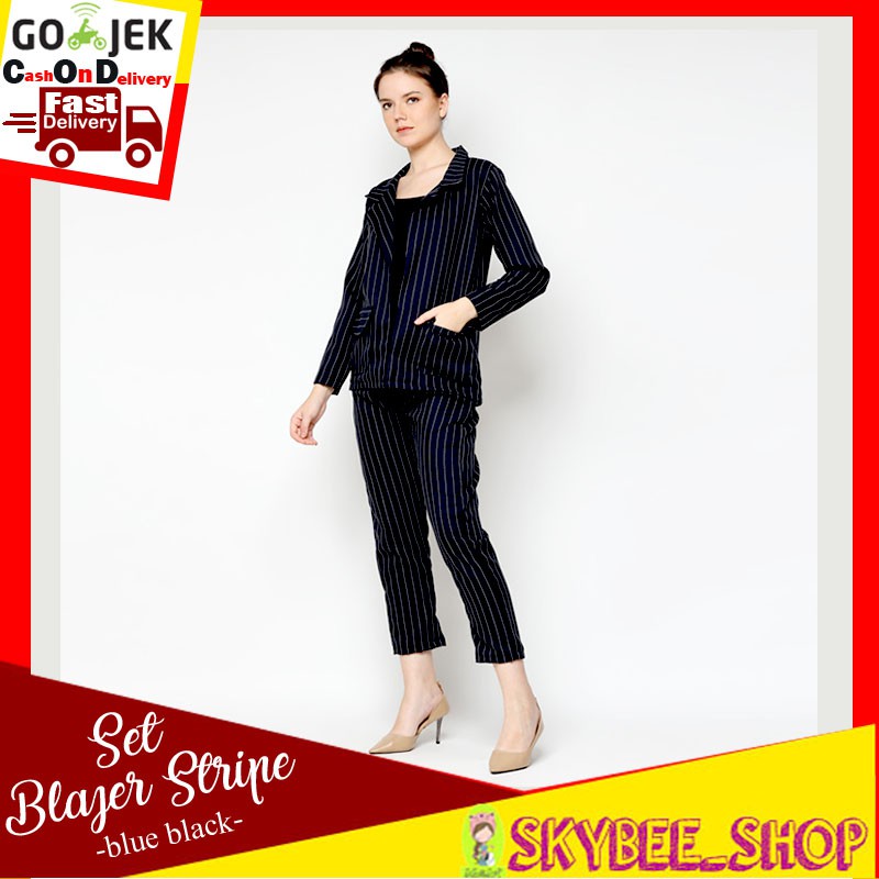 Premium zara* setelan set blazer wanita stripe salur - blue black BISA COD READY BDG ADA SUPER JUMBO
