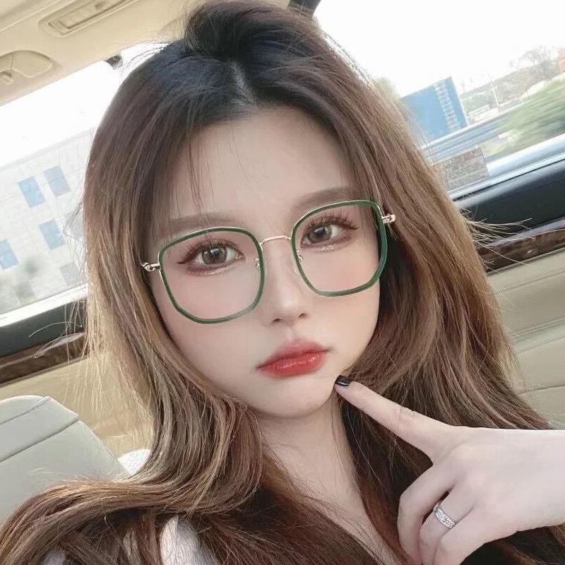 【Support wholesale】COD Korean version of irregular large frame glasses frame retro green female round face Eyeglasses D713