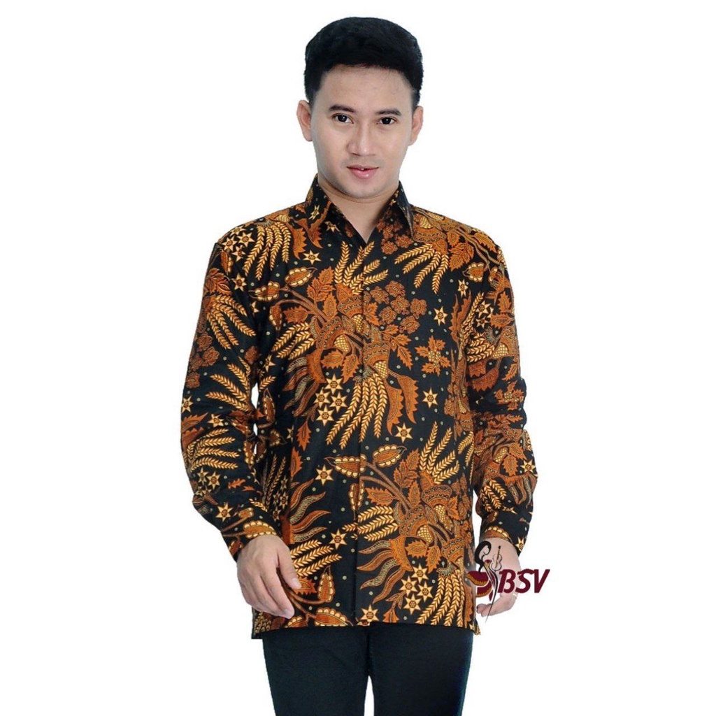 Kemeja Batik Pria Lengan Panjang Batik Manggar Abu Kuning Merah Modern Exclusive