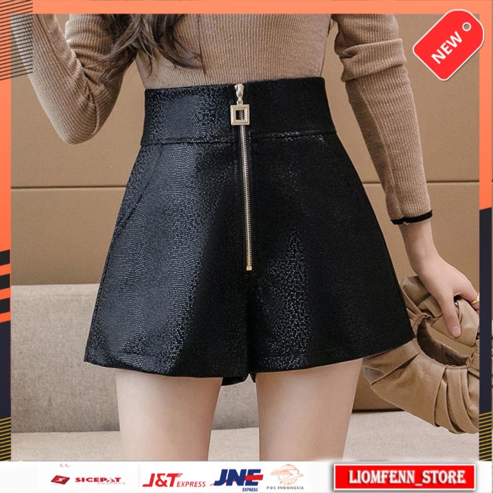 Celana Pendek Wanita Korea  Autumn Women Leather Zipper Shorts Female High Waisted PU Leather Shorts