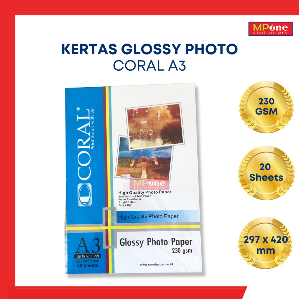 Kertas Photo Glossy Coral 230 A3 / Kertas Photo Glossy Coral 230 gr A3 / Kertas Photo Glossy Coral A