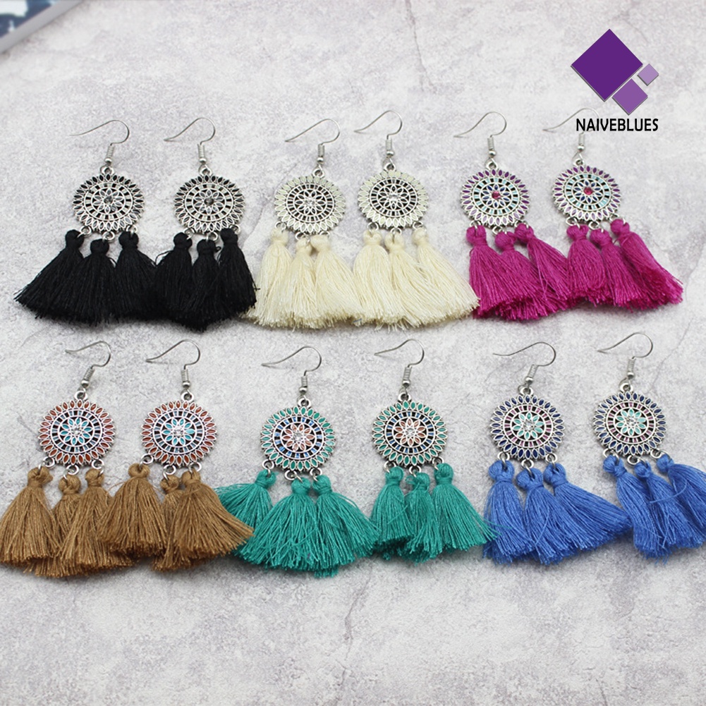 Naiveblue &gt; Anting Gantung Panjang Kait Gaya Boho Motif Bunga Matahari + Rumbai Untuk Perhiasan Wanita