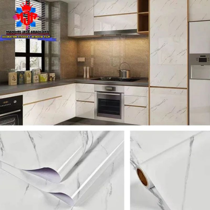 0Stiker Marmer Marble Glossy Tebal Pelapis Lemari Meja Kayu Kaca Kulkas Pintu Kamar Mandi Stiker Dinding Dapur Anti Air Minyak Tahan Panas Bahan PVC SHEET SELF ADHESIVE Premium Ukuran Lebar 122 Cm