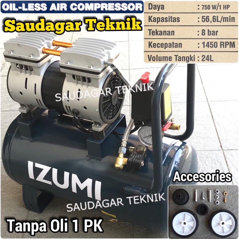 Izumi OL 0724 OL 1024 Mesin Kompresor Angin Silent Oiless Tanpa Oli 3/4 Hp 1 Hp 24 Liter Izumi
