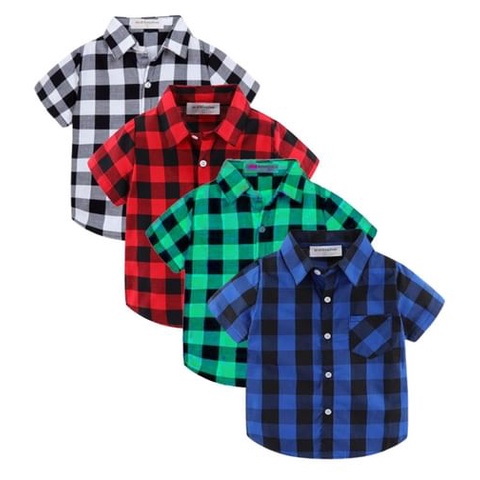 Baju Anak-anak Laki-laki Baju Kotak-kotak Lengan Pendek Atasan Kualitas Tinggi Bahan Flanel Import