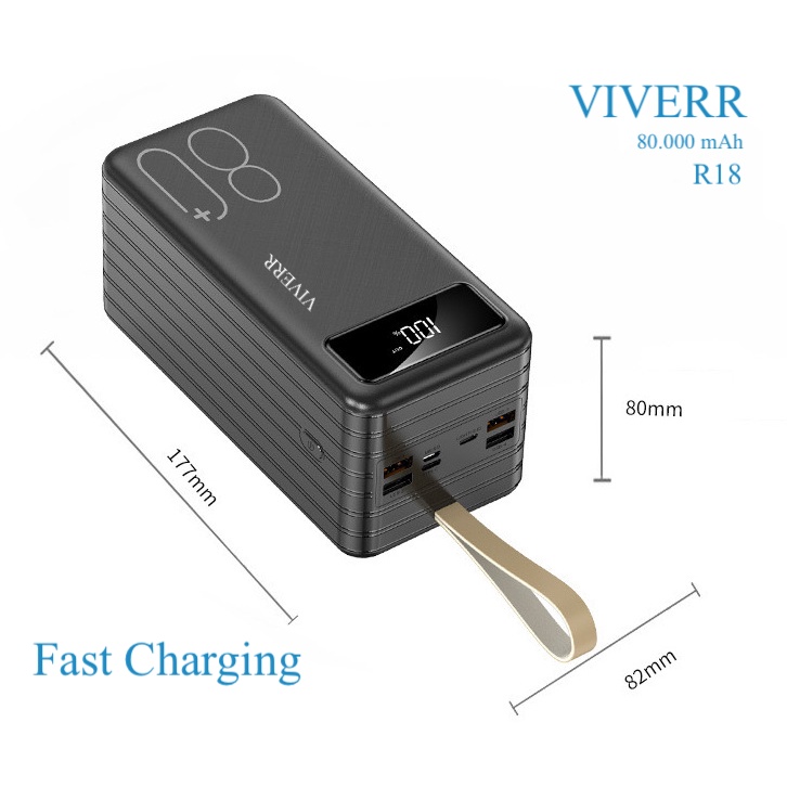 Powerbank VIVERR type R18 kapasitas terbesar 80.000 mAH Real kapasitas 100% dijamin garansi 1Tahun.