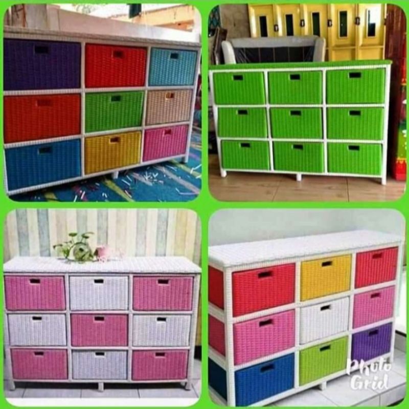 bufet pendek rattan sintetis 9 laci warna random