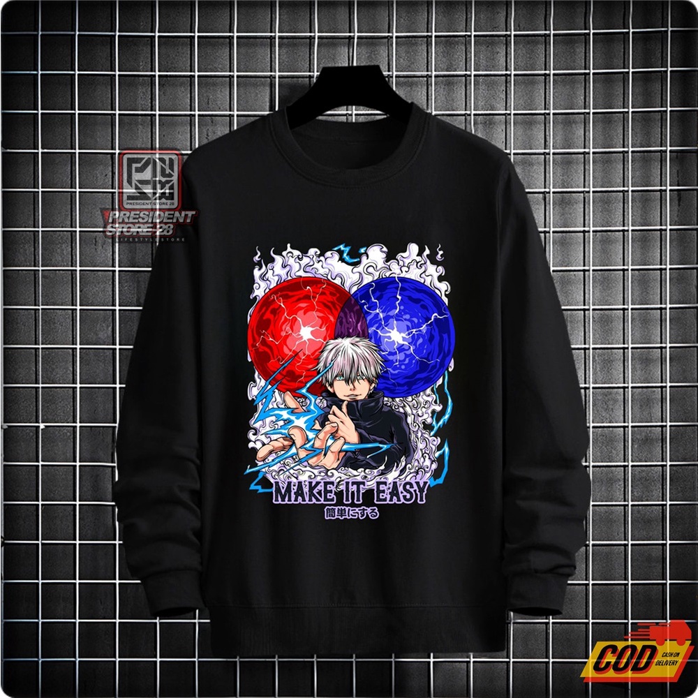 SWEATER CREWNECK SATORU GOJO JUJUTSU KAISEN ITADORI / Crewneck Black Motif Simpel Pria dan Wanita Premium Quality / LETTUCY - CREWNECK SWEATER BLACK &amp; CREAM / CREWNECK ANIME / sweater anime