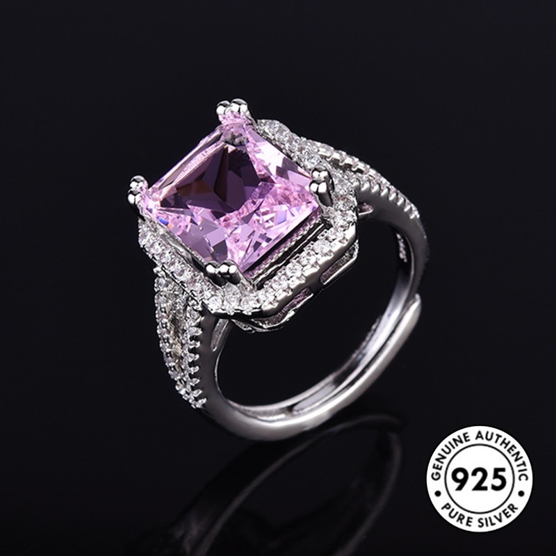 Cincin Berlian Persegi Panjang Warna Pink Bahan S925 Silver