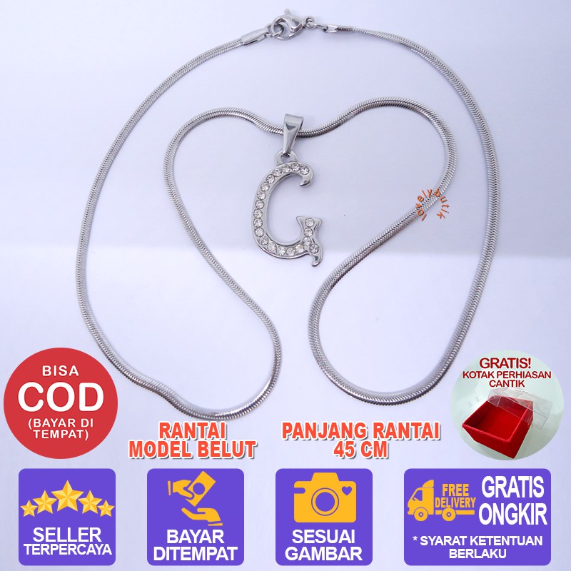 Lovelybutik Honey Kalung Huruf Titanium Anti Karat Inisial G Uk 45 cm BONUS KOTAK PERHIASAN