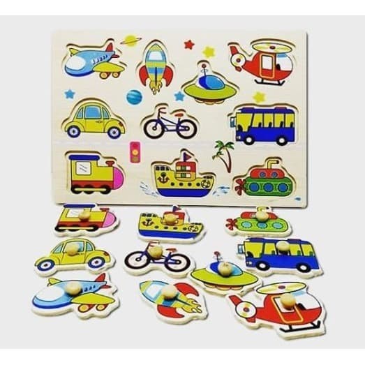 Education Wooden Knob Puzzle Kayu Transportasi A3007 - Mainan Edukasi Anak Belajar Mengenal Kendaraan Transportasi Darat Dan Laut