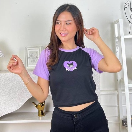 Tq88indonesia Baju Atasan Wanita  Crop Top Kuromi Purple RIB / Kaos Lengan Pendek Cewek / Busana Santai / Ootd / Outfit