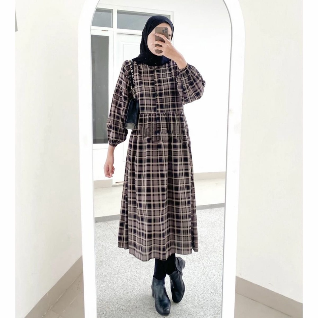 VTZEN - ZFS OOTD Wanita Dress DIANA / HAKO MIDI DRESS / Dress Kasual Muslimah / OOTD Wanita Ala Style Korean / Long Dress Kekinian 2022 / Dres Motif Kotak-Kotak / Dress Lengan Panjang