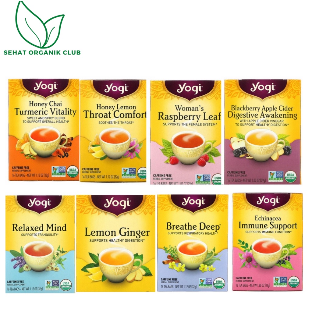

Yogi tea Turmeric Vitality Honey Chai ; Yogi Throat Comfort Honey Lemon ; Yogi Woman's Raspberry Leaf ; Yogi Digestive Awakening Blackberry Apple Cider ; Yogi Relaxed Mind ; Yogi Lemon Ginger ; Yogi Breathe Deep ; Yogi Echinacea Immune Support 16 Tea Bags