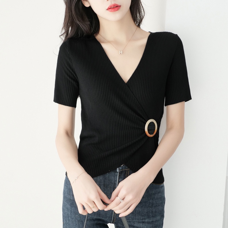 【Elegant】V-neck Irregular Slim Knit T-Shirt 7376