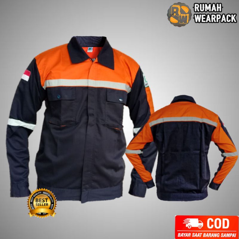 Baju Kerja / Wearpack Proyek Kemeja Safety Atasan Navy Navi Oranye