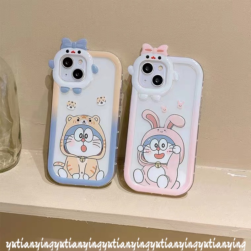 Kartun Doraemon Couple Case Oppo A17 A15 A54 A57 2022 A55 A3s A7 A5s A12 A53 A33 A76 A96 A17K Reno 4F 5F 5 7 A74 A95 A16K A52 A16 A5 A9 A31 A16s 3D Bow-knot Little Monster Cover