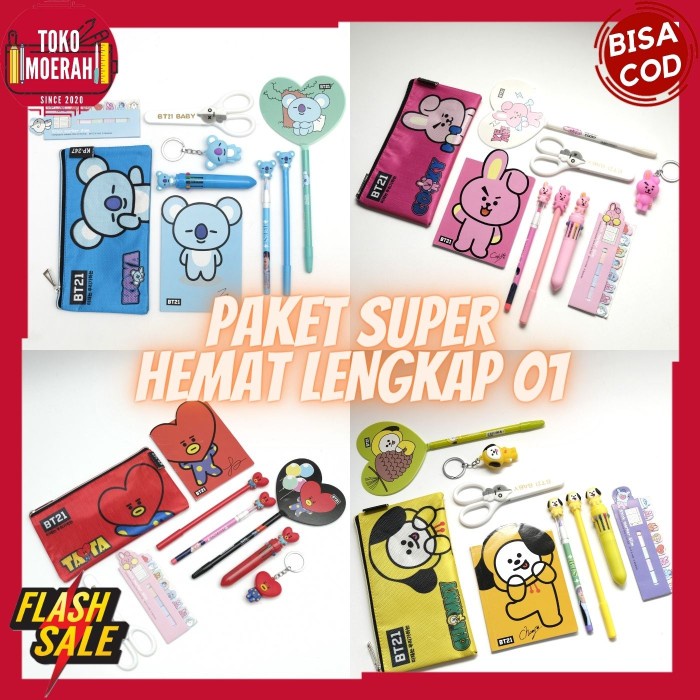 

tulis-alat-paket- paket kado bt21 kotak pensil buku pen gunting pulpen bt21 bts army cod - koya